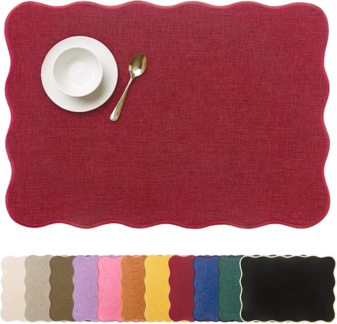 AHHFSMEI Faux Linen Placemats Set of 6 Heat Resistant Non-Slip Stain Proof Table Mats for Kitchen Dining Elegant Decor Place Mats (red)