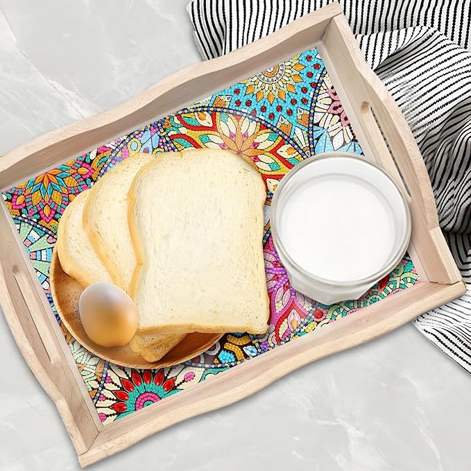 Generic DIY Diamond Serving Tray Rectangular Upgrade Increase Breakfast Tray with Handles Handmade Diamond Art Painting Wooden Tray Dinner Plate for Coffee Living Room Home Organizer-Mandala01