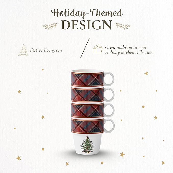 Spode Christmas Tree Tartan Stacking Mugs, Set of 4 – Festive Tartan Design Coffee Cups, 10oz Earthenware for Holidays, Colorful & Fun Stackable Cups, Great Gift for Seasonal Celebrations
