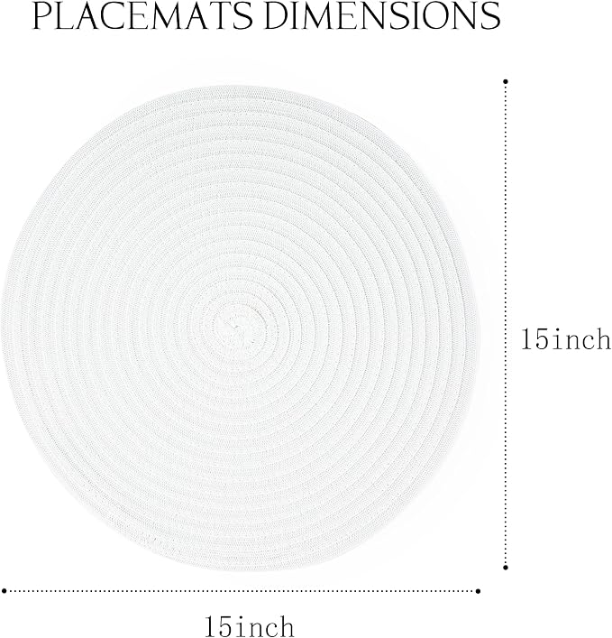 Placemats Set of 4-Heat Resistant Washable Table Mats for Dining Table,Round Braided Place Mats,15 inch White