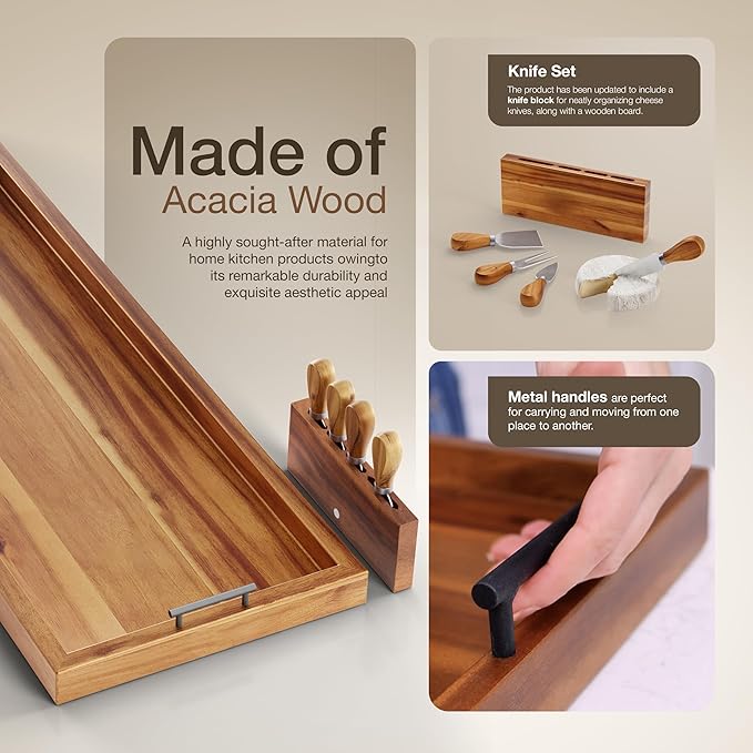 TIDITA Acacia 36 Inch Large Charcuterie Boards for Party with Cheese Knife Set of 4 – Acacia Wood Serving Tray with Handles, Long Charcuterie Board, Wooden Cheese Board