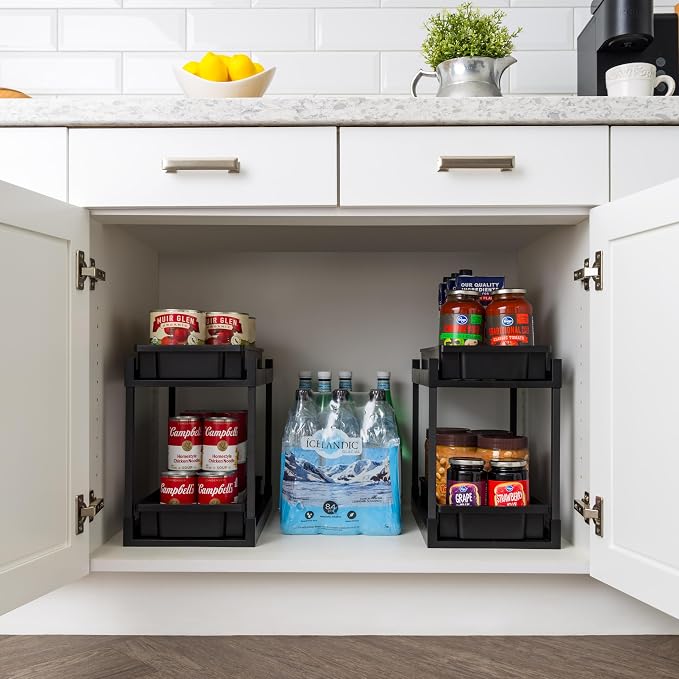 IRIS USA Under Sink Organizer, 2 Pack, Pull Out Under Cabinet Organizers and Storage, Kitchen Shelf Pantry Bathroom Under Counter, Cleaning Supplies, Vertical Spice Rack Slide Out Drawer, Easy Install