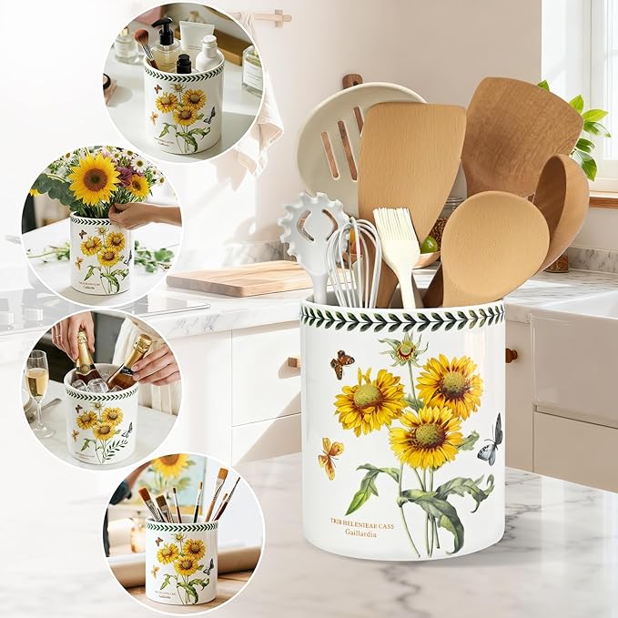 ACMLIFE Kitchen Utensil Holder Extra Large, 7.3" Cooking Utensil Holder, Ceramic Kitchen Organizer Counter, Fruit Basket, Vase, Ice Bucket for Parties, Gift & Dinning Decor, Chrismas (Sunflower)