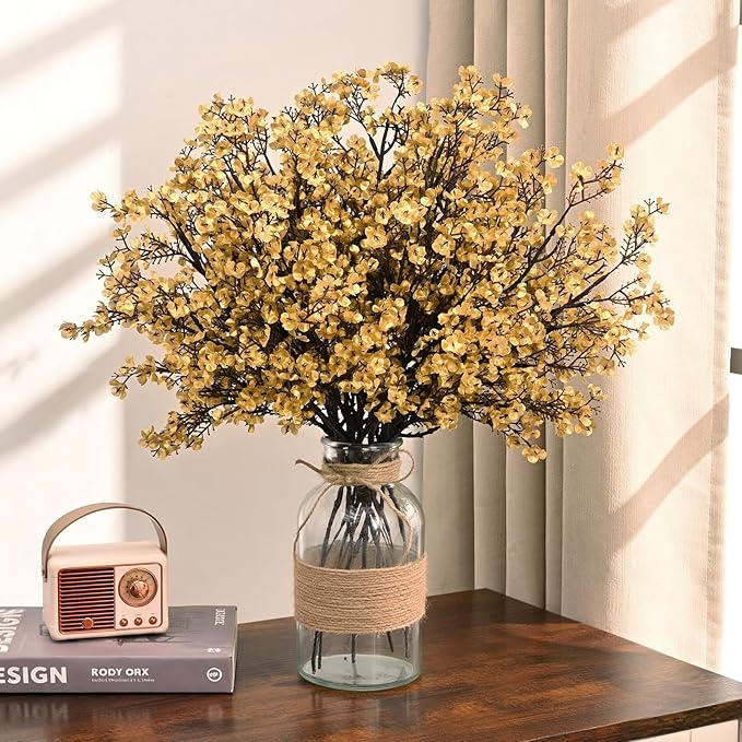 Waipfaru 15 Pcs Baby's Breath Artificial Flowers Gypsophila for Home DIY Floral Arrangement Table Centerpiece Living Room Christmas Decoration (Gold)