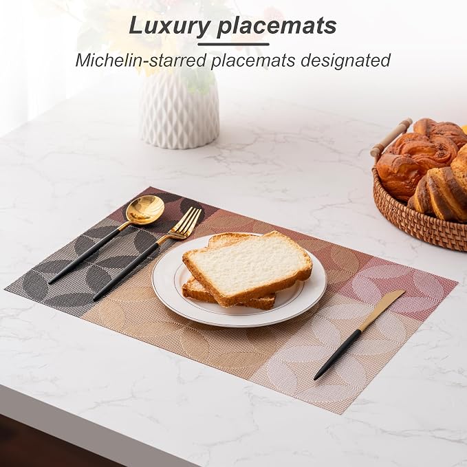 CADONO Placemats Set of 6 Washable Indoor/Outdoor Vinyl Place Mats for Dining Table Durable Non-Slip Heat Resistant PVC Weave Table Mats（Petal Pattern - Golden Red Series）