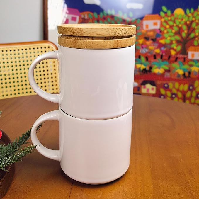 14 oz Ceramic Coffee Mug Set of 2 with Solid Wood Lids & Spoons – Stackable White Mugs, Microwave/Dishwasher Safe, Heat Resistant – Ideal Housewarming Wedding Gift for Women Men