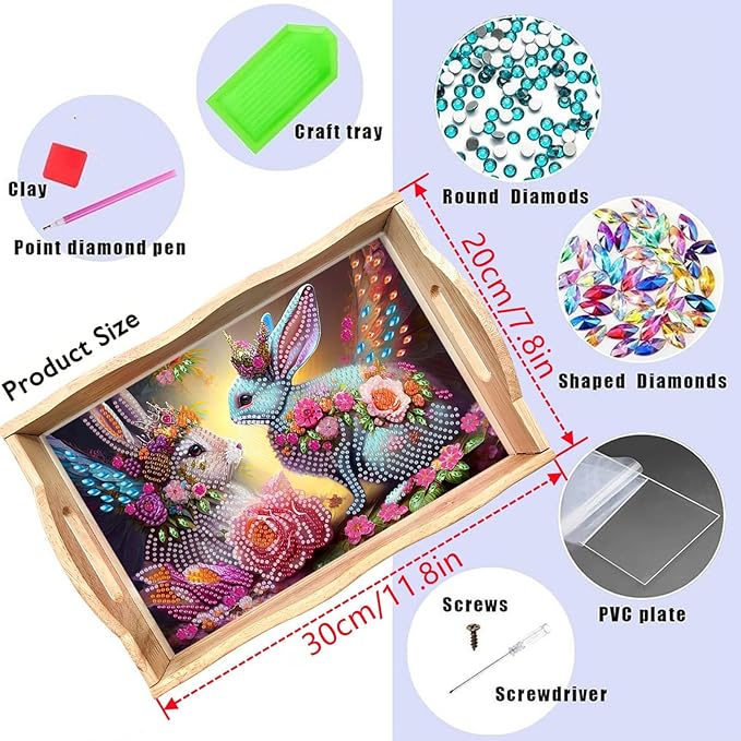 DIY Diamond Serving Tray Diamond Art Painting Creative Design Handmade Wooden Tray Dinner Plate for Coffee Breakfast Home Organizer-Rabbit