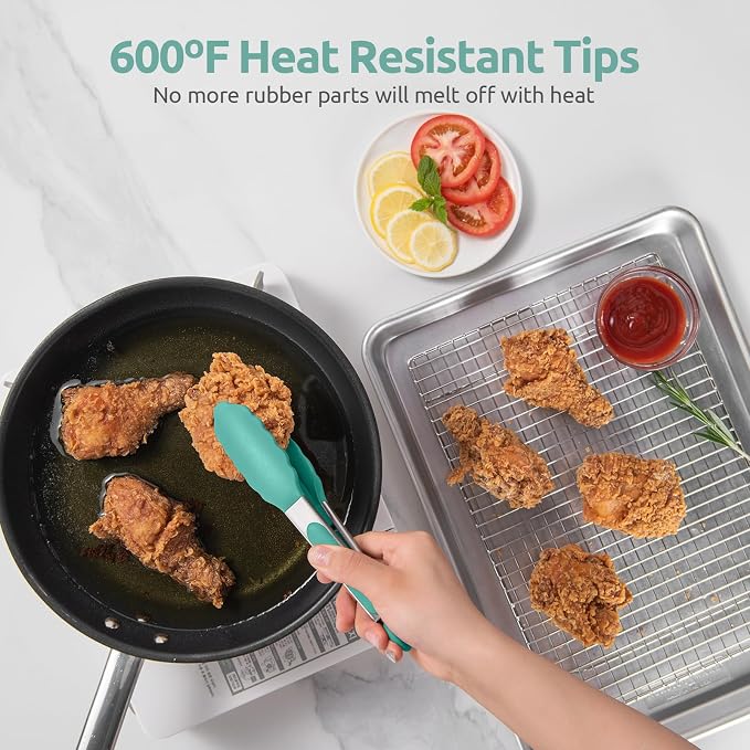 600ºF Heat Resistant Kitchen Tong: U-Taste 7in Silicone Cooking Tong with Firm Sealed Non Stick Rubber Tips & Silicon Coated 18/8 Stainless Steel Handle & Smooth Locking for Serving Salad (Aqua Sky)