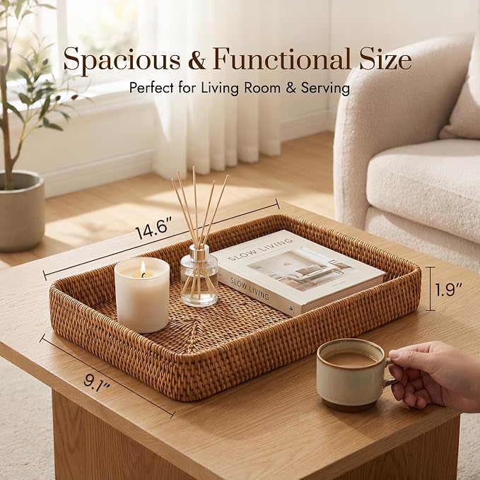 14.6" x 9.1" Large Wicker Storage Tray, Natural Rattan Basket Decorative Handwoven Rectangular Basket for Bread, Fruit, Toiletries,Towels & Home Organization (Natural M)