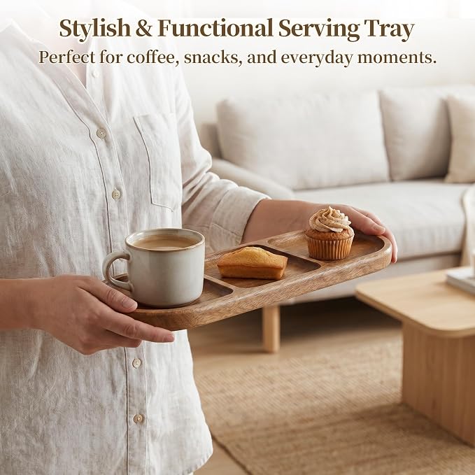 Small Wooden Tray | Acacia Wood Tray for Vanity, Bathroom Counter, Coffee Table & Toilet | Perfect for Jewelry, Key & Catch All | Mini Charcuterie Board Serving Platter (Oval 3-Compartment)