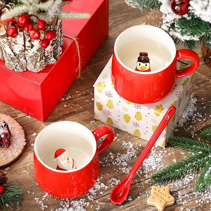 Uiifan 2 Sets 3D Christmas Coffee Mugs with Ceramic Spoon Penguin Snowman Cups 13.5 oz Cute Hot Cocoa Mug Animal Inside Mugs Cartoon Ceramic Cup Christmas Gifts for Women Men Birthday Party Supplies