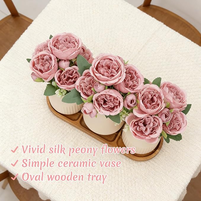Flower Table Centerpiece - Dining Table Centerpiece Decor Set of 3 Fake Peonies in Ceramic Vases & Wood Tray Modern for Kitchen Island Living Room Coffee Table Home Decor (Dusty Pink)