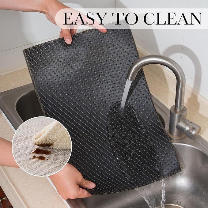 BACKTOEDEN Placemats Set of 8 Heat Resistant Washable Wipeable Placemat Woven Non-Slip Foldable Vinyl/Plastic Place Mats Indoor/Outdoor Mat Kitchen Dining Table Pad, Black Twill