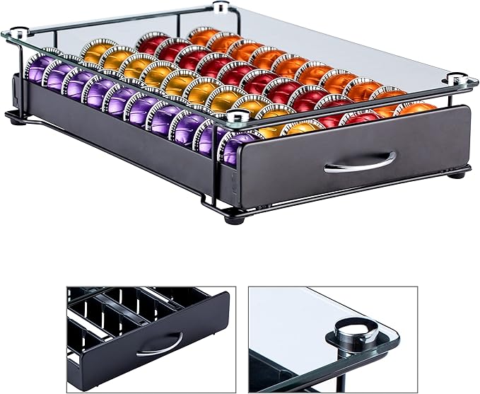 FlagShip Vertuo Capsule Holder Storage Drawer Glass for Nespresso Vertuo Pod Storage Holder Pods Organizer Clear
