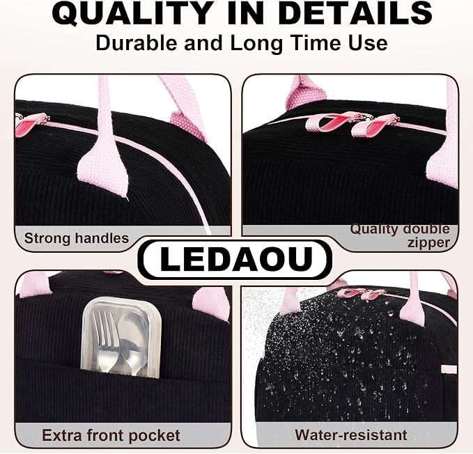 LEDAOU Lunch Box for Women Insulated Lunch Bag Cute Lunchbox Compact Cooler Thermal Reusable Lunch Tote for Work School Picnic Travel (Black-Pink)