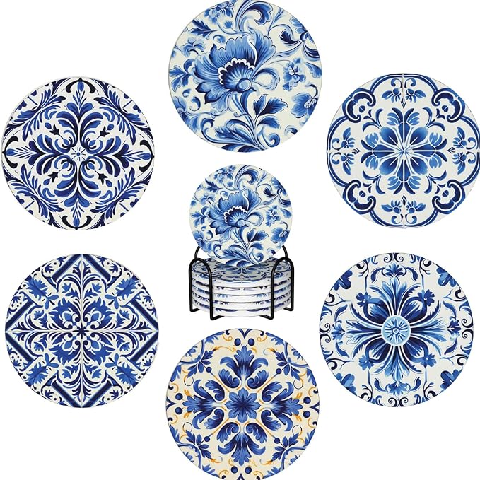 Coaster for Drinks Set of 6, Blue Vintage Spanish Ceramic Floral Absorbent Round Ceramic Stone Mat, with Cork Base and Metal Holder, Gift for Housewarming Room Bar Decor (Azulejo Tile-4)