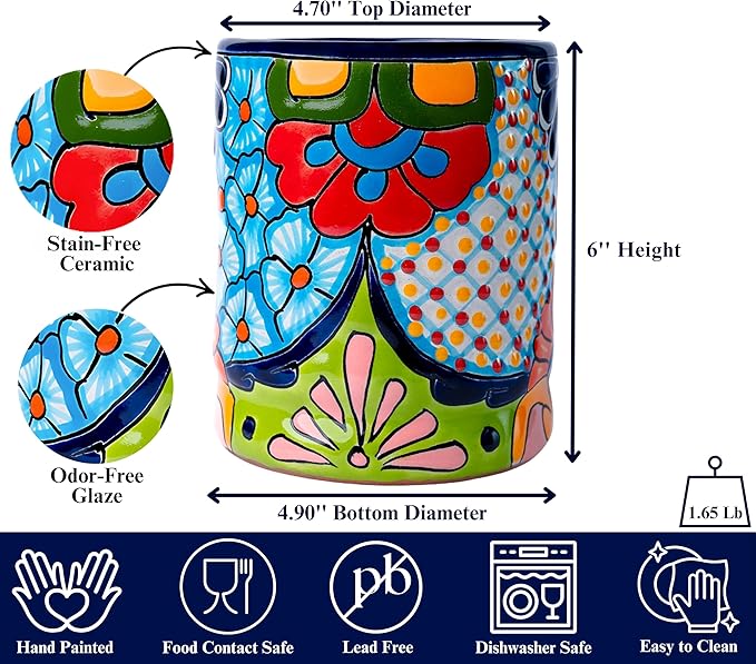 Talavera Utensil Holder - Hand Painted Ceramic Spoon Crock - Colorful Utensil Crock - Large Mexican Spoon Rest 6" H (Cobalt Blue)