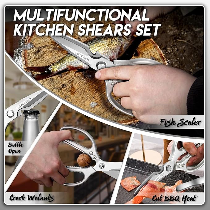 TIJERAS Kitchen Scissors Set Silver - Stainless Steel Kitchen Shears, Sharp Meat Scissors Dishwasher Safe, Heavy Duty Poultry Shears, Japanese Cooking Scissor for Food, Chicken, Gifts for Women