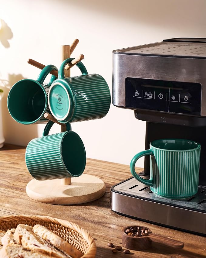 famiware Coffee Mug Set for 4, Star 12 oz Catering Mugs Cup Set with Handle for Coffee, Tea, Cocoa, Milk- Ceramic Stoneware Drinkware Set, Sage Green