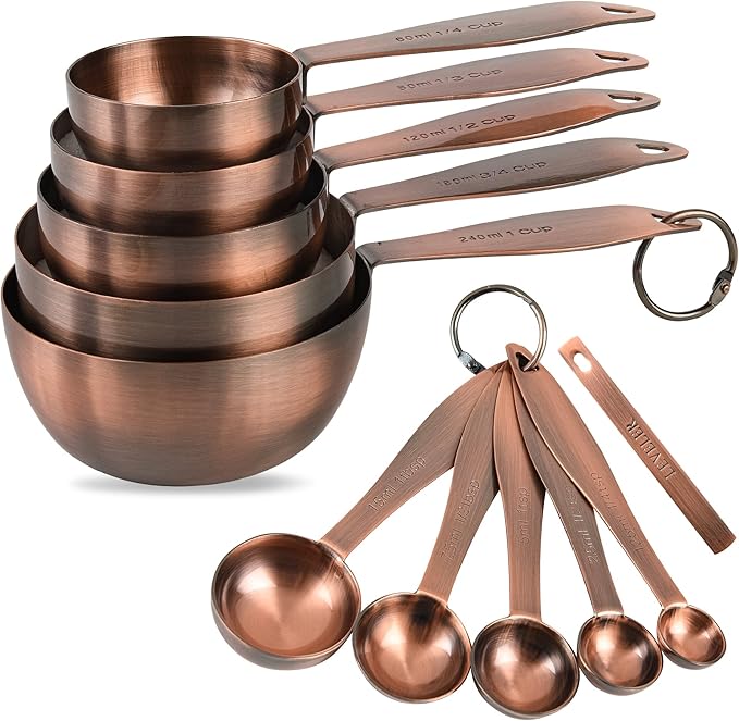 Copper measuring cups and spoons set,Includes Stainless Steel 5 Measuring Cups and 5 Measuring Spoons and Measure Ingredient Leveler and Rings（copper）