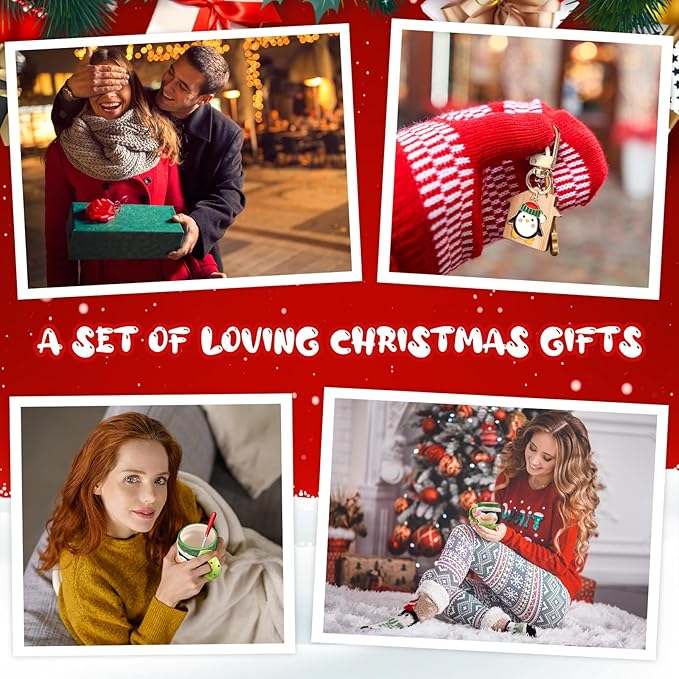 Sliner 4 Pcs Penguin Mug Gifts Set Include Christmas Coffee Mugs 17 oz with Red Spoons Funny Winter Fuzzy Socks Mini Penguin Keychains Hot Chocolate Cup for Women Men Xmas Holiday Birthday Gifts