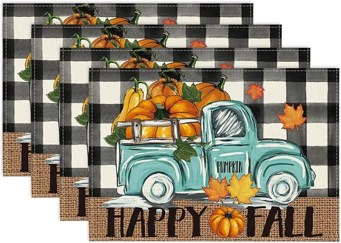 Niviy Buffalo Plaid Check Pumpkins Truck Thanksgiving Fall Placemats Set of 4, 12x18 Inch Autumn Table Mats for Holiday Party Kitchen Dining Room Decoration