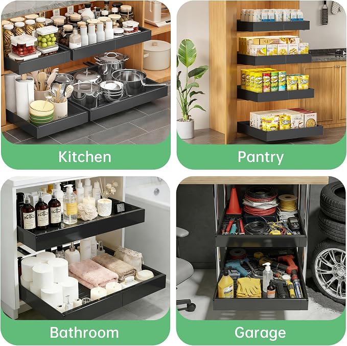 Pull out Cabinet Organizer, 1 pack, 20.5" Deep Heavy Slide out Drawers, Upgrade Three Triple-Slide Rail Systems, Expandable 12.8"-20.8" Roll out Shelf Storage for Kitchen Base Cabinet Organization