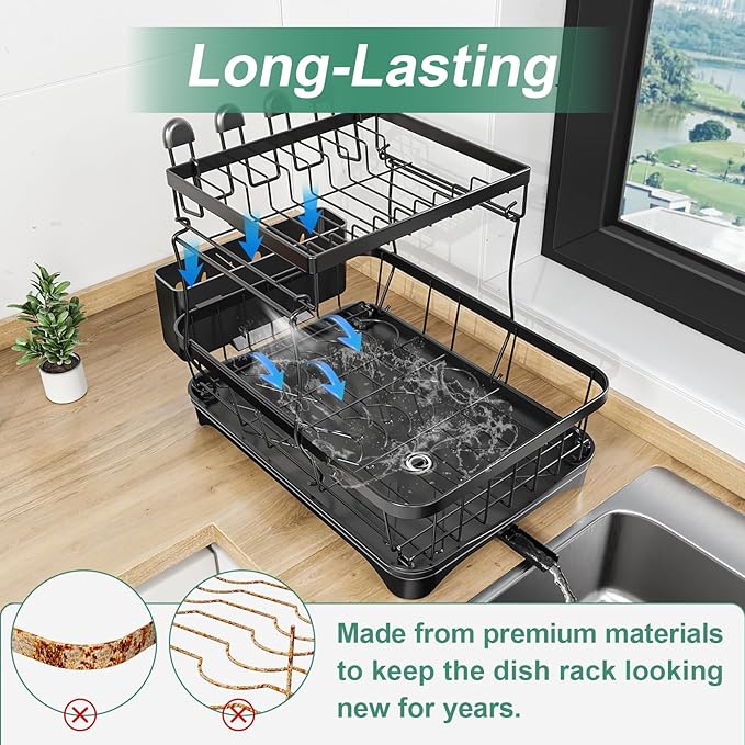 Dish Drying Rack, 2-Tier Large Dish Drying Rack for Kitchen Counter – Space Saving Dish Drainer Organizer with Utensil Holder and Cutlery Tray, Black