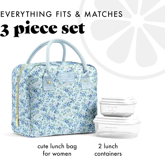 Fit & Fresh Bloomington Lunch Bag for Women - Insulated Large Lunch Box for Work with Containers, Leak-Resistant, Stain-Resistant, Zipper Closure, Ditsy Flowers Blue
