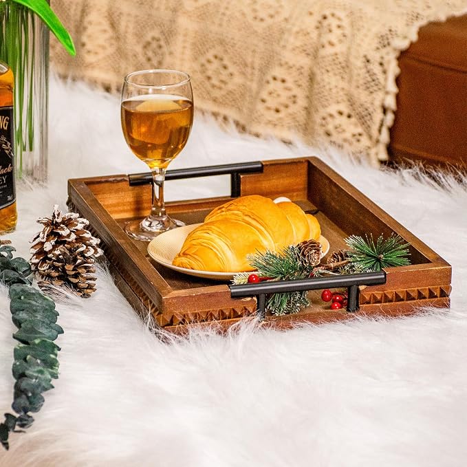 Wooden Serving Trays with Metal Handles Vintage Ottoman Tray 15 X 11 Wooden Retro Decorative Trays with Geometric Beads for Coffee Table & Home Decor (1 Pack)