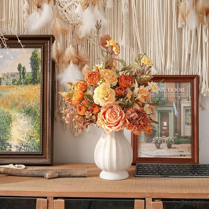 17-inch Artificial Fake Flowers Silk Flower Arrangements Faux Bouquets Consists of Ranunculus, Wild Chrysanthemums, Roses, Hydrangeas and Some Filler Greens