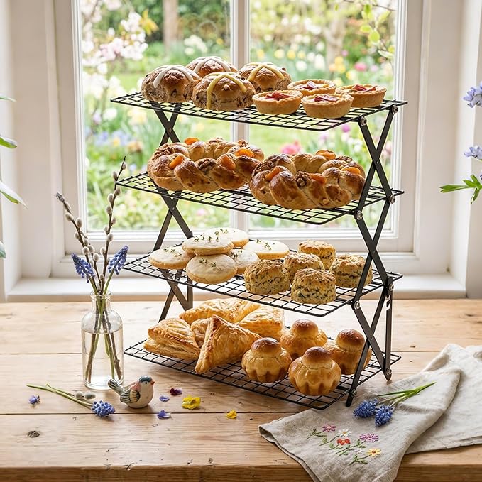 ShellKingdom 4 Tier Collapsible Cooling Rack, Outdoor Camping Picnic Shelf, Wire Cooling Rack for Baking, Cookies, Cake, Roasting, Grilling, Drying Rack - Black