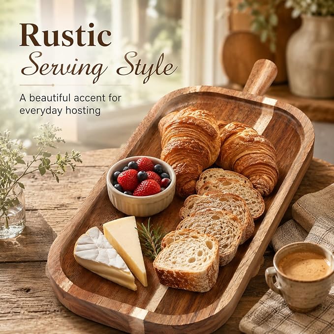 Acacia Wood Serving Board with Raised Tapered Handle, Small Charcuterie Board for Two, Rectangular Cheese Tray for Snacks, Fruit, Meat, Bread, Appetizer, Mom Gift(16''l X 7.65''w X 1.25''d)