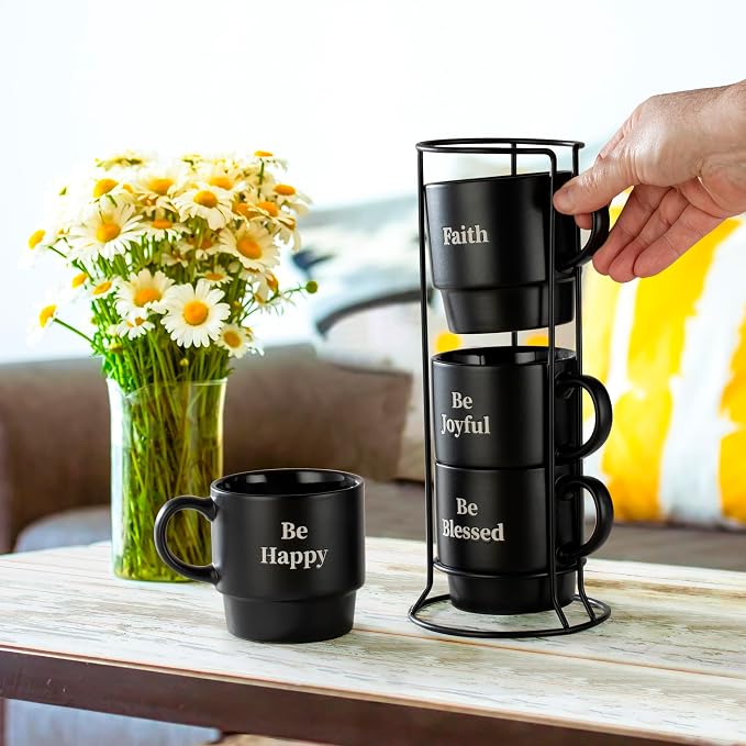 Signature Housewares Stackable Coffee Mug Tower Set with Metal Wire Rack - 15 Ounce Coffee Mugs for Coffee, Tea, Cocoa, Milk, Cappuccino, Hot Chocolate Set of 4 - Be Happy Matte Black