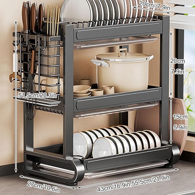JHDXL Over Sink Dish Drying Rack, 2/3-Tier Stainless Steel Dish Rack, Multifunctional Metal Counter Shelf, Stable Load-Bearing, for Plates, Bowls, and Pots(Black 2,43cm/16.9in)
