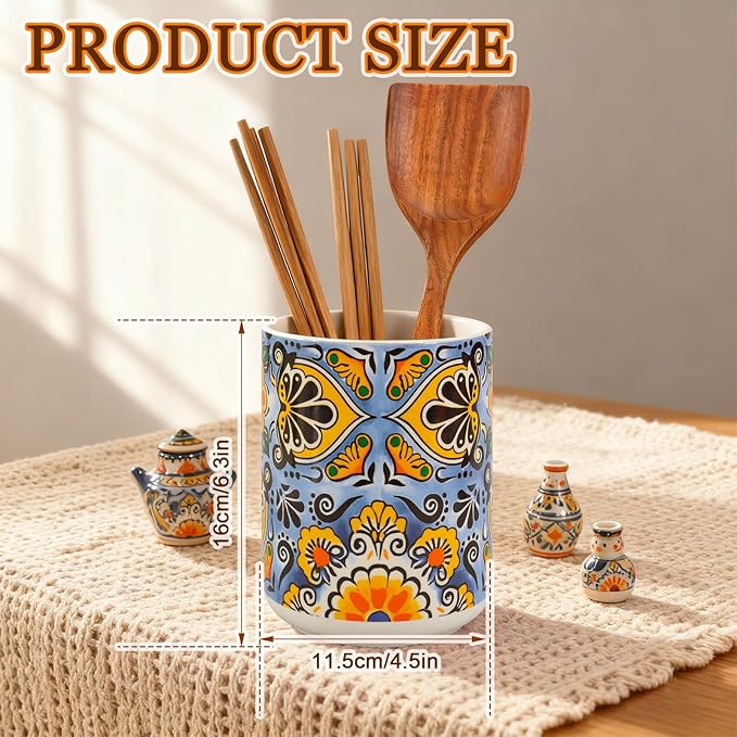 FYSUIMU Mexican Utensil Holder for Counter Cinco De Mayo Talavera Pottery Kitchen Decor Vintage Utensil Crock Ceramic Mexico Decor for Home Kitchen Countertop Storage Container Vase Spatula Holder