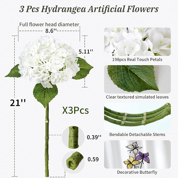 Leftover 3Pcs White Hydrangea Artificial Flowers,21" Full Large Faux Hydrangea Flowers with 3 PCS Butterflies,Latex Real Touch Flowers for Home Decor Floral Arrangements Wedding Bouquets Centerpieces
