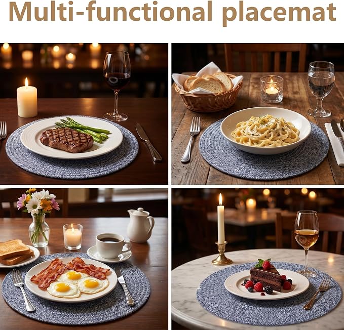 Round Woven Placemats Set of 6, 13.4 Inches Cotton Round Placemats, Heat Resistant Washable Table Mats for Indoor & Outdoor Dining Table Decor