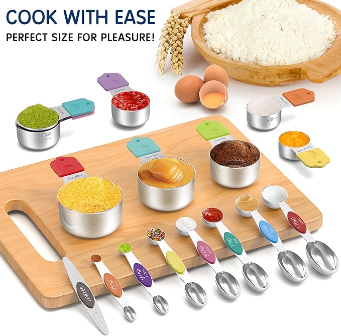 Magnetic Measuring Cups and Spoons Set, 7 Nesting Stainless Steel Measuring Cup Set with Easy to Read Markings, 7 Magnetic Measuring Spoons & 1 Leveler for Measuring Dry or Liquid Ingredients