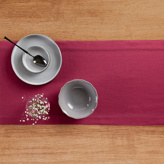 Solino Home Linen Beet Table Runner 132 Inches Long - 100% Pure Linen Extra Long Table Runner 14 x 132 Inch - Classic Hemstitch