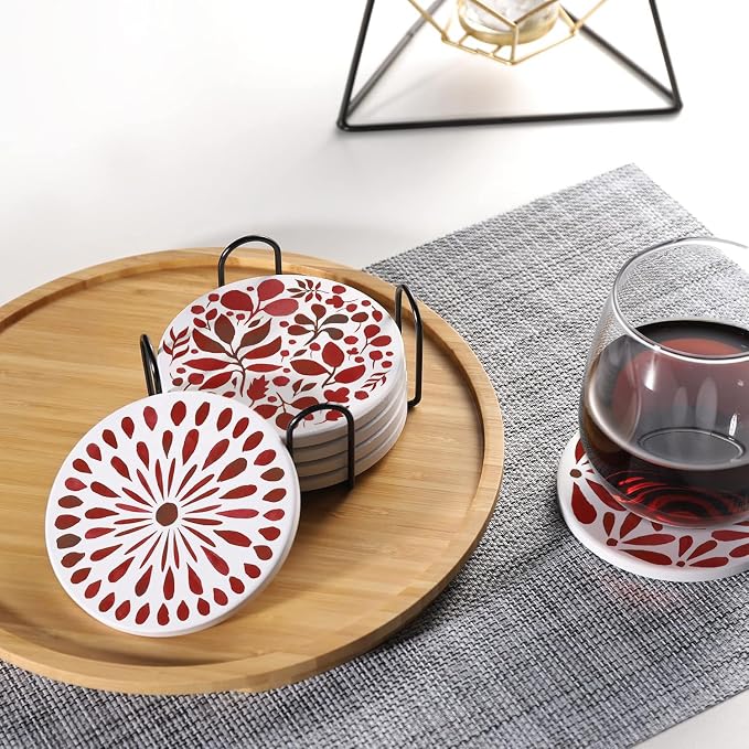 Drink Absorbent Coasters with Holder Set of 6, Ceramic Stone with Cork Base, Modern Red Abstract Geometric Coaster for Drinks, Gift for Housewarming Room Bar Home Decor Kitchen