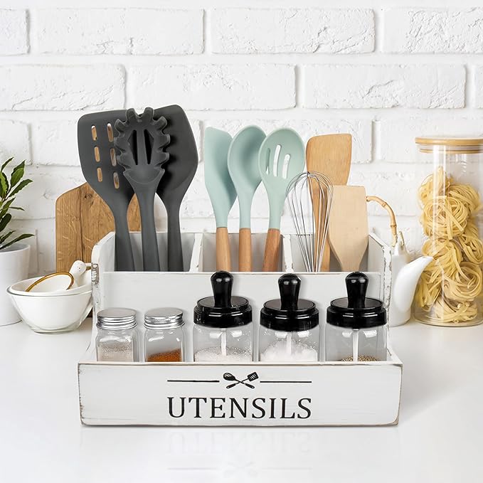 RedCall Extra Large Kitchen Utensils Holder 4 Compartments,Wood Utensil Organizer for Kitchen Countertop,Farmhouse Cooking Utensil Holder with Spice Storage space (Antique)