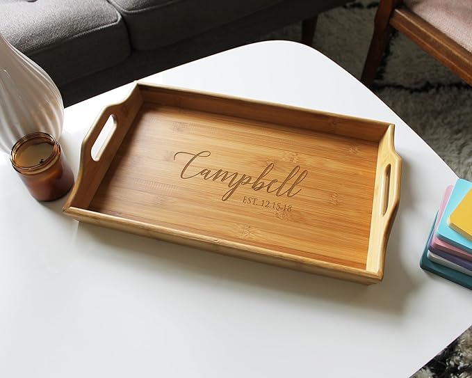 Personalized Bamboo Wood Serving Tray with Handles, Engraved Wooden Trays, Wedding Gifts, Housewarming Gifts (Murray)
