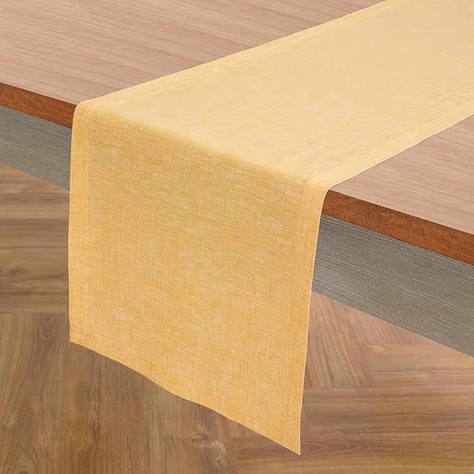 Solino Home Linen Table Runner 156 Inches Long - Athena, 100% Pure Linen Chambray Mustard Yellow Table Runner 14 x 156 Inch for Dining, Spring, Summer