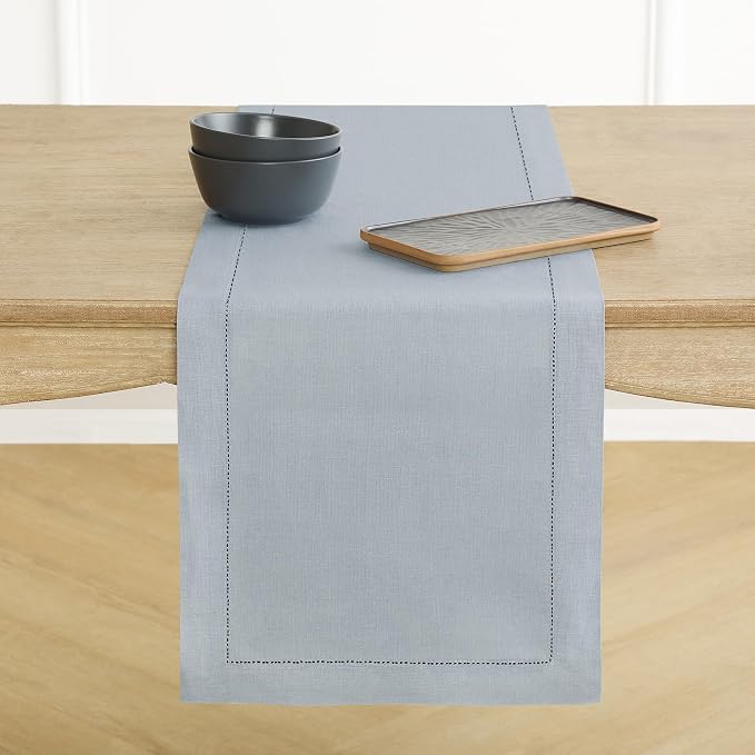 Solino Home Linen Table Runner 120 Inches Long - 100% Pure Linen Dusty Blue Table Runner 14 x 120 Inch for Summer - Classic Hemstitch