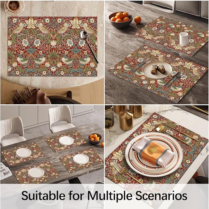 William Morris Placemats Set of 4 Floral Bird Strawberry Vintage Anthropologie Washable Heat Resistant Place Mats for Dining Table Nature Botanical Linen Woven Wipeable Kitchen Table Mat Red