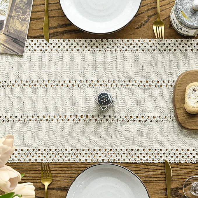 Artoid Mode Beige Farmhouse Woven Rustic Hollow Table Runner, Seasonal Holiday Hollow Kitchen Dining Table Decoration for Home Party Decor 12x108 Inch