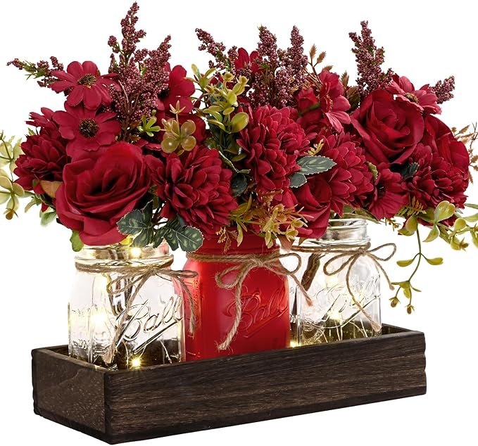 BLEUM CADE Mason Jar Centerpiece Table Decorations, Mason Jar Lights Centerpiece for Kitchen Dining Table Farmhouse Coffee Table Wedding Home Decor with 3 Jars Artificial Flowers & Wood Tray