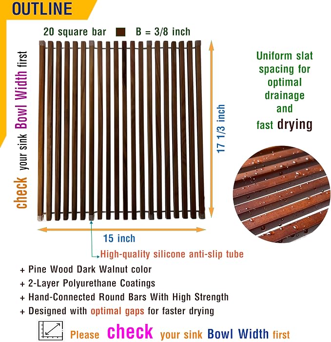 Roll Up Wooden Drying Rack Over The Sink Kitchen, Cover Sink Dry Dishes Bowl Spoon Quickly, Aesthetics and Finishes Coating, Neat Design Stain-Resistant Easy to Dry (Dark Walnut color)