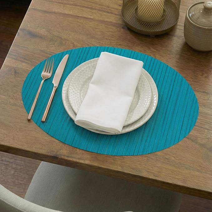 AHHFSMEI Oval Placemats Set of 6 Woven Vinyl Non-Slip Heat Resistant Stain Resistant Easy Clean Place mats for Dining Table(Turquoise)
